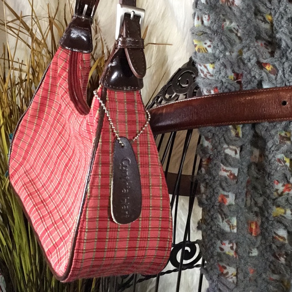Cynthia Hart Clutch Red Khaki Plaid Brown Leather